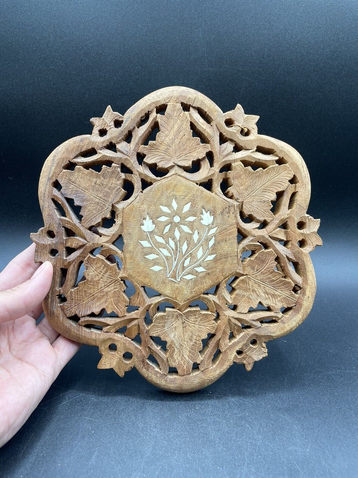 Vintage India Hand Carved Wood and Flower Inlay Footed Trivet