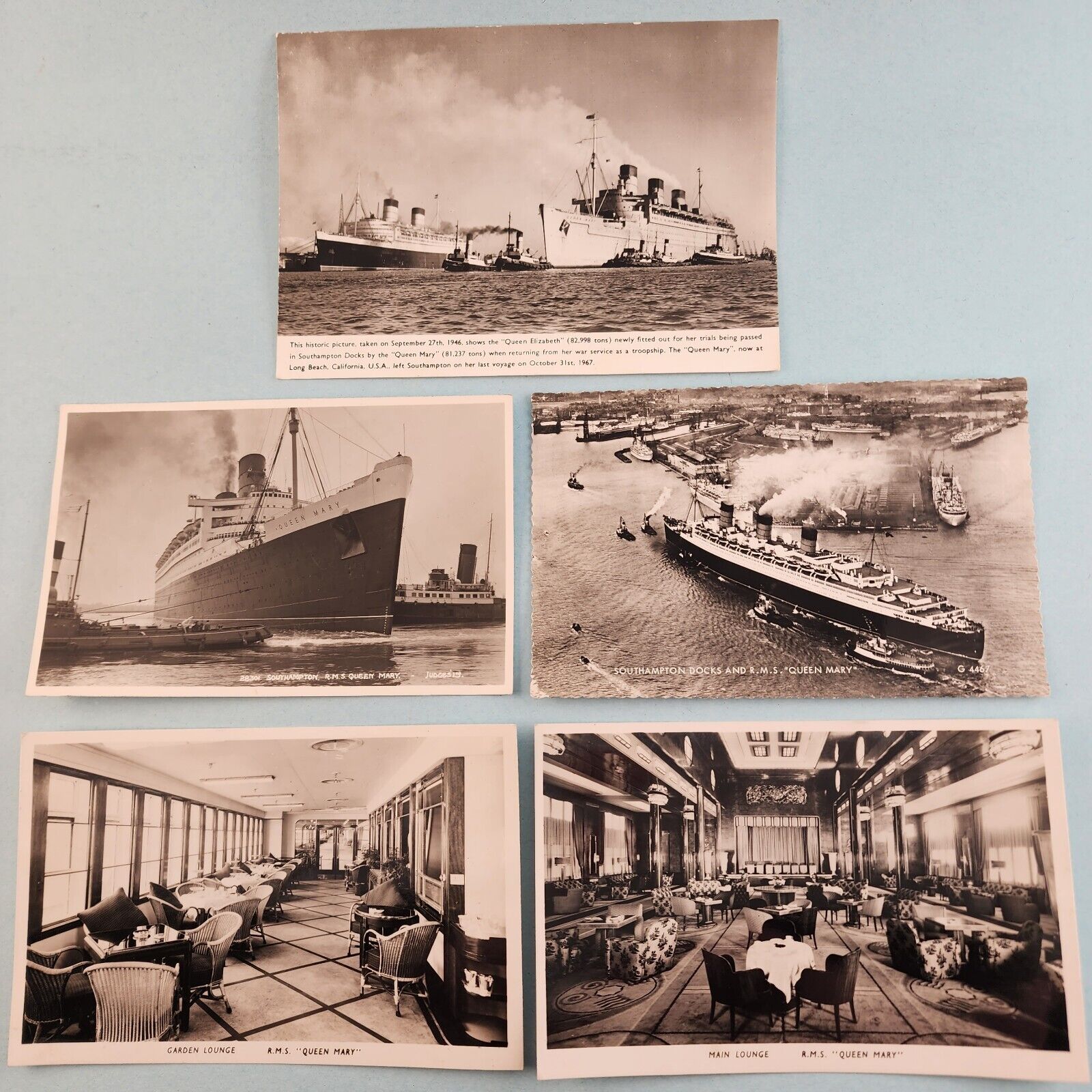 5 Queen Mary Ship Postcard Real Photo Black White Lot Lounge Southampton England