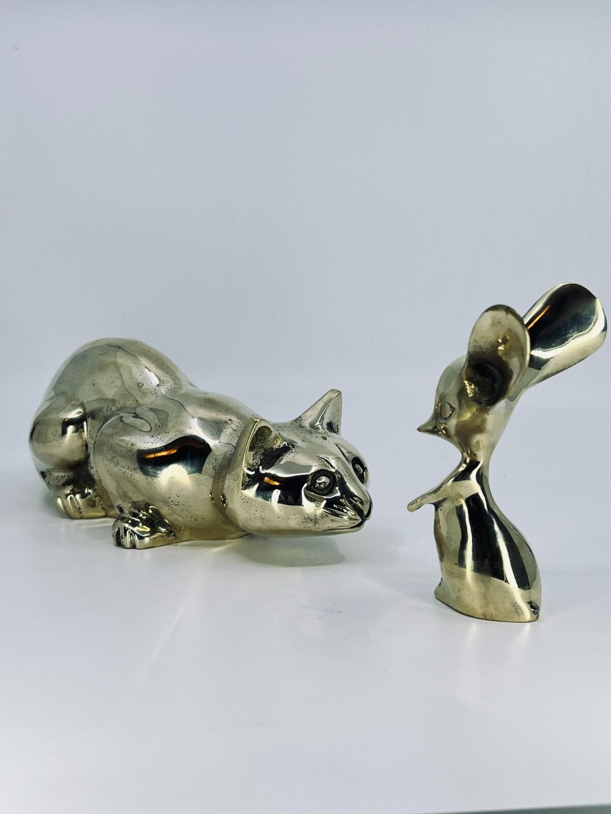 Vintage Mid Century Modern Cat and Mouse Figurines Brass Animal Statue Art 