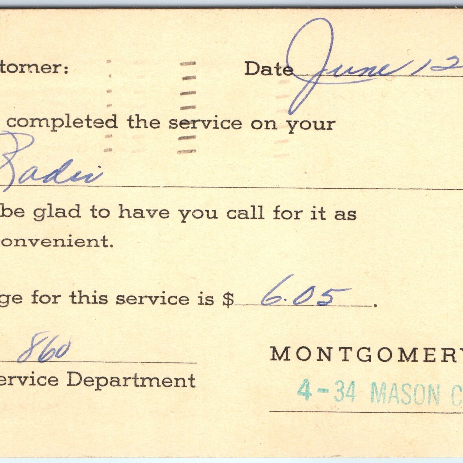 1948 Mason City, IA Montgomery Ward Auto Service Form Call Invoice Postcard A166