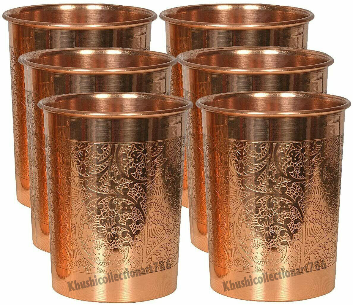 Handmade Copper Water Glass Embossed Drinking Tumbler Health Benefits Set Of 6