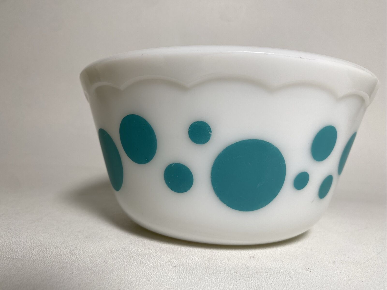 Unmarked Hazel Atlas Polka Dot Mixing Bowl Scalloped 7x3.5 inches Milk Glass