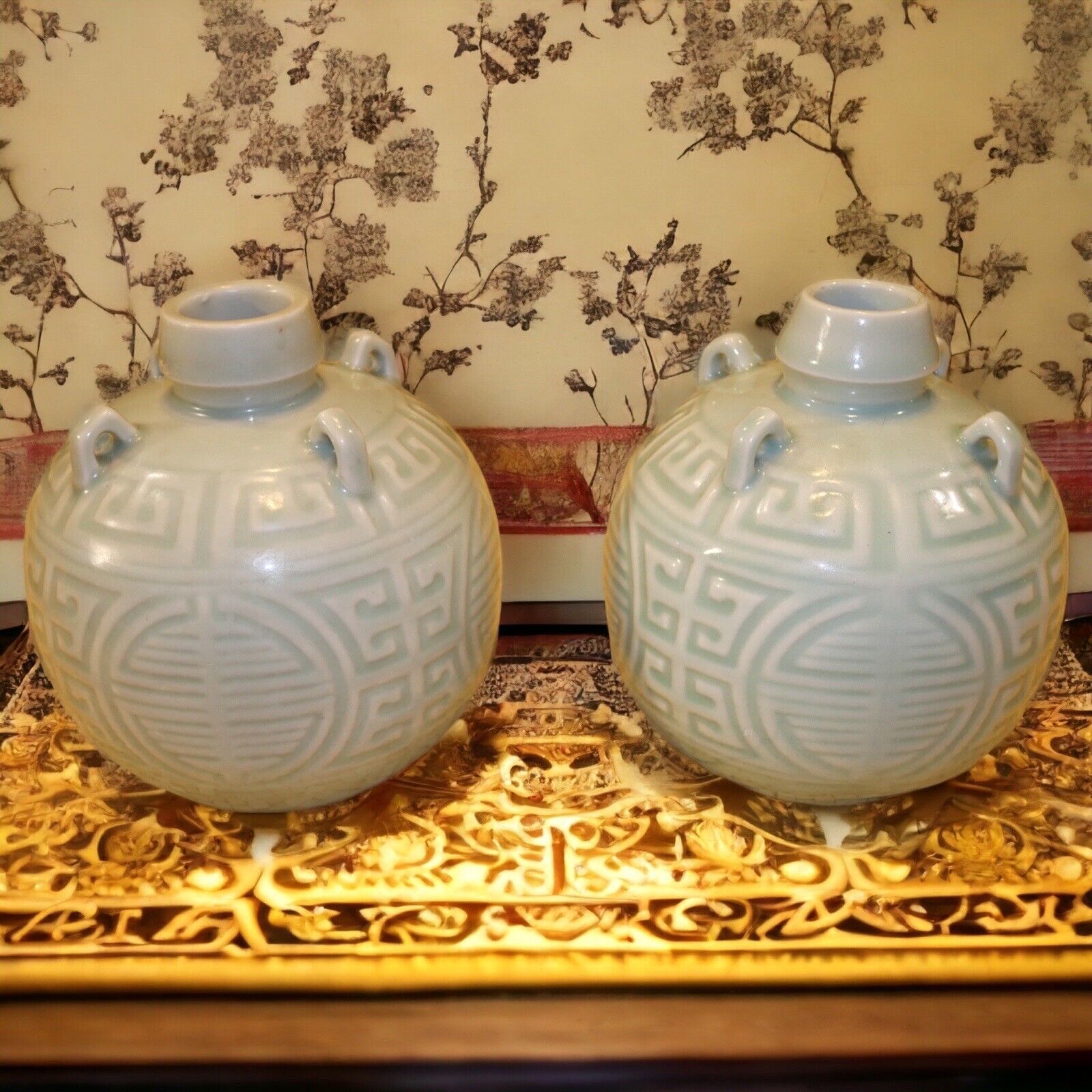 Pair of Vintage Circa 1970 Chinese Longquan Celadon Porcelain Rotund Wine Jugs