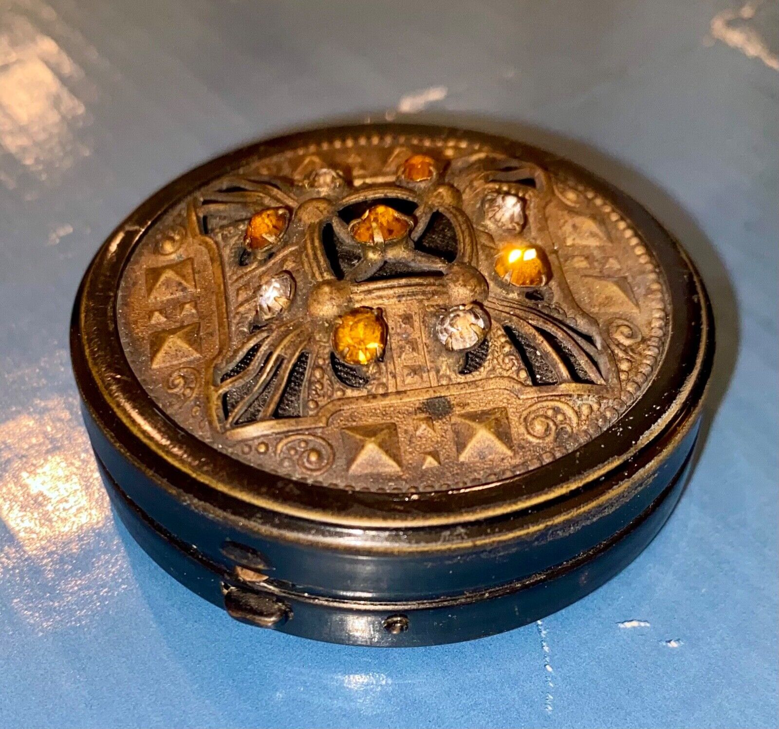 Vintage Round Metal Pill Box Trinket w Mirror Inside Gems On Exterior Top Of Lid
