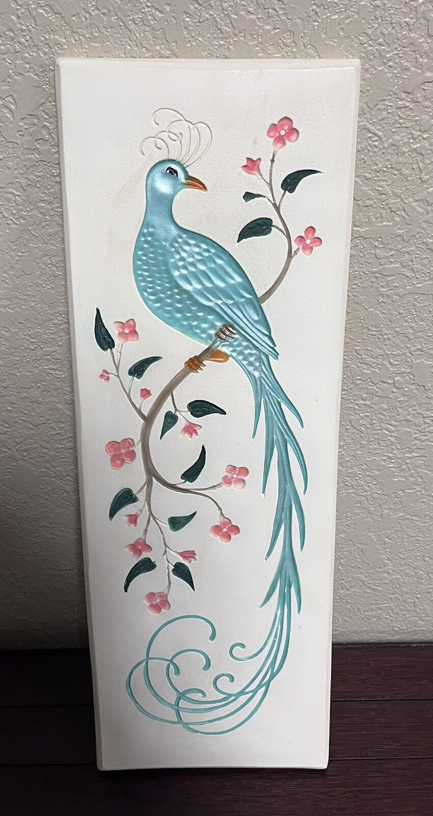 Vintage Coventry Ware Plaster Wall Plaque Bird Peacock Flowers 1950’s 20” Long