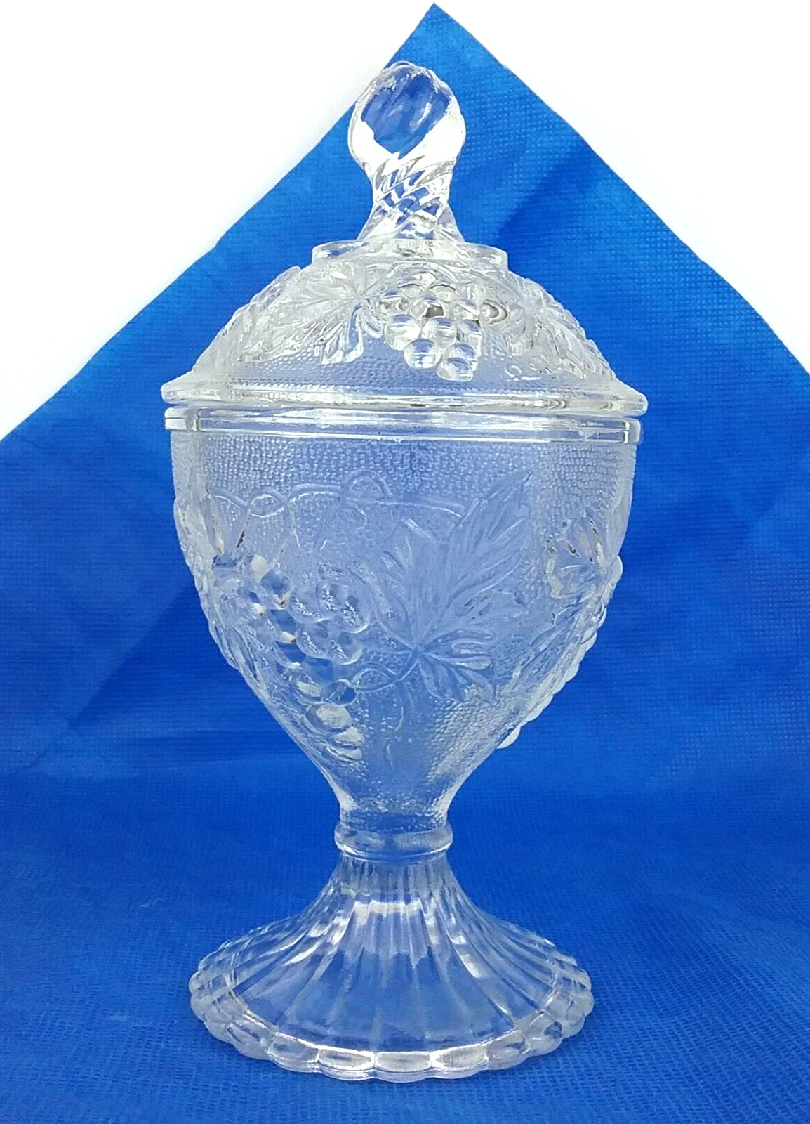 Candy  Pedestal Bowl Embossed Vines Grapes Design Twisted Finial Lid Clear