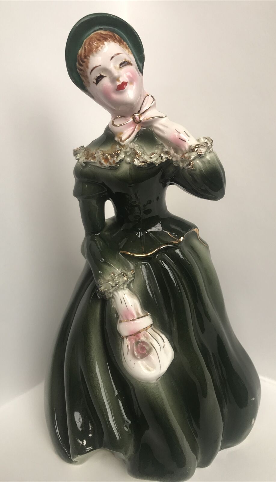 Vintage Napco Lady Figurine Vase Planter Green Dress Bonnet Spaghetti TrimA1744C
