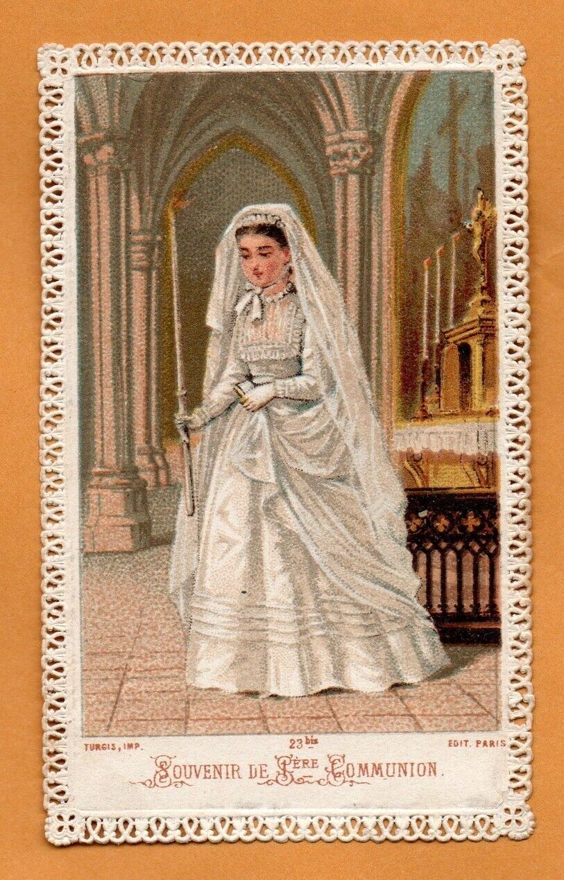 ANTIQUE 1881 1ST COMMUNION CONF PAPER LACE HOLY CARD ST MICHELS PARIS FRANCE