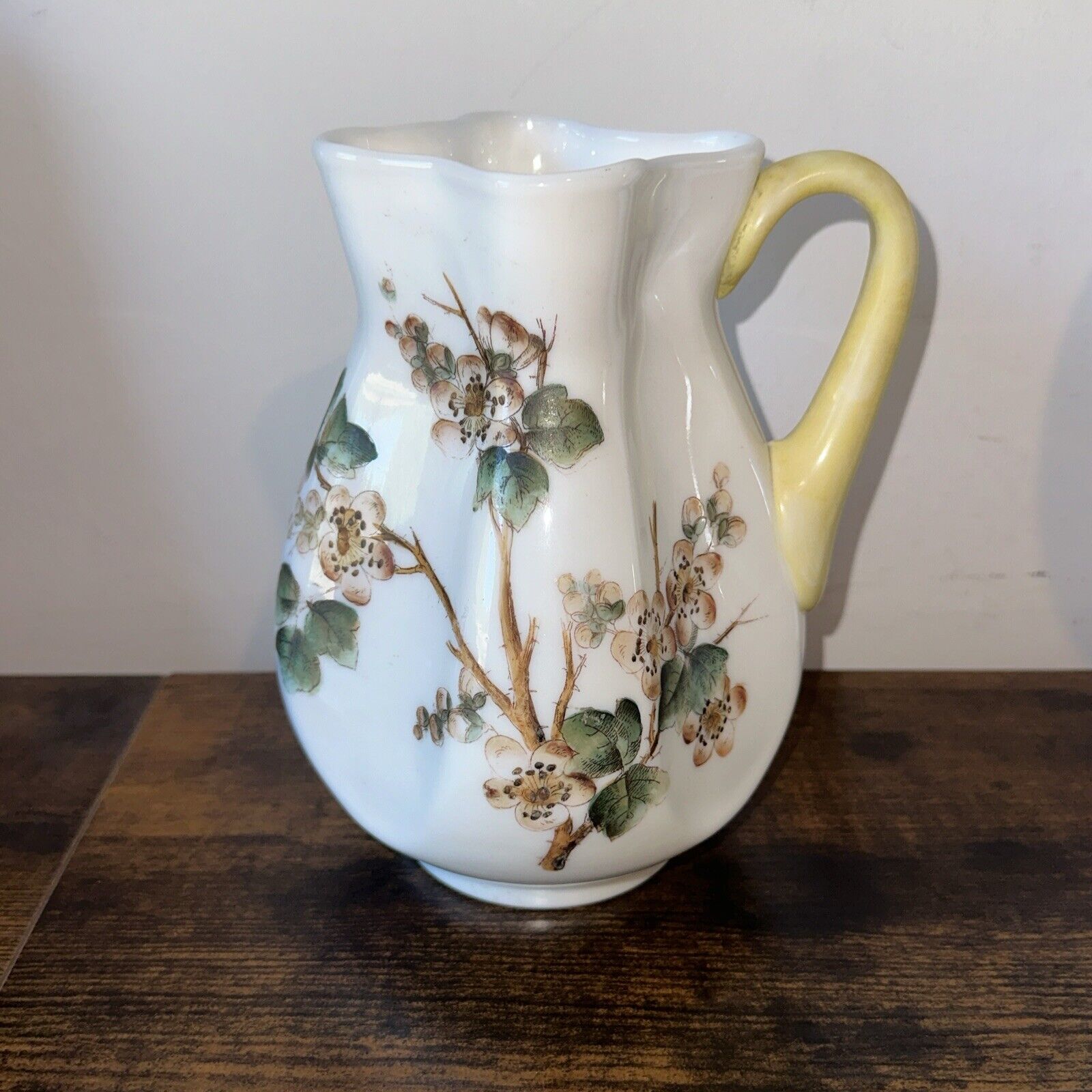 Vintage Handpainted Floral Design Fluted Pitcher With Handle