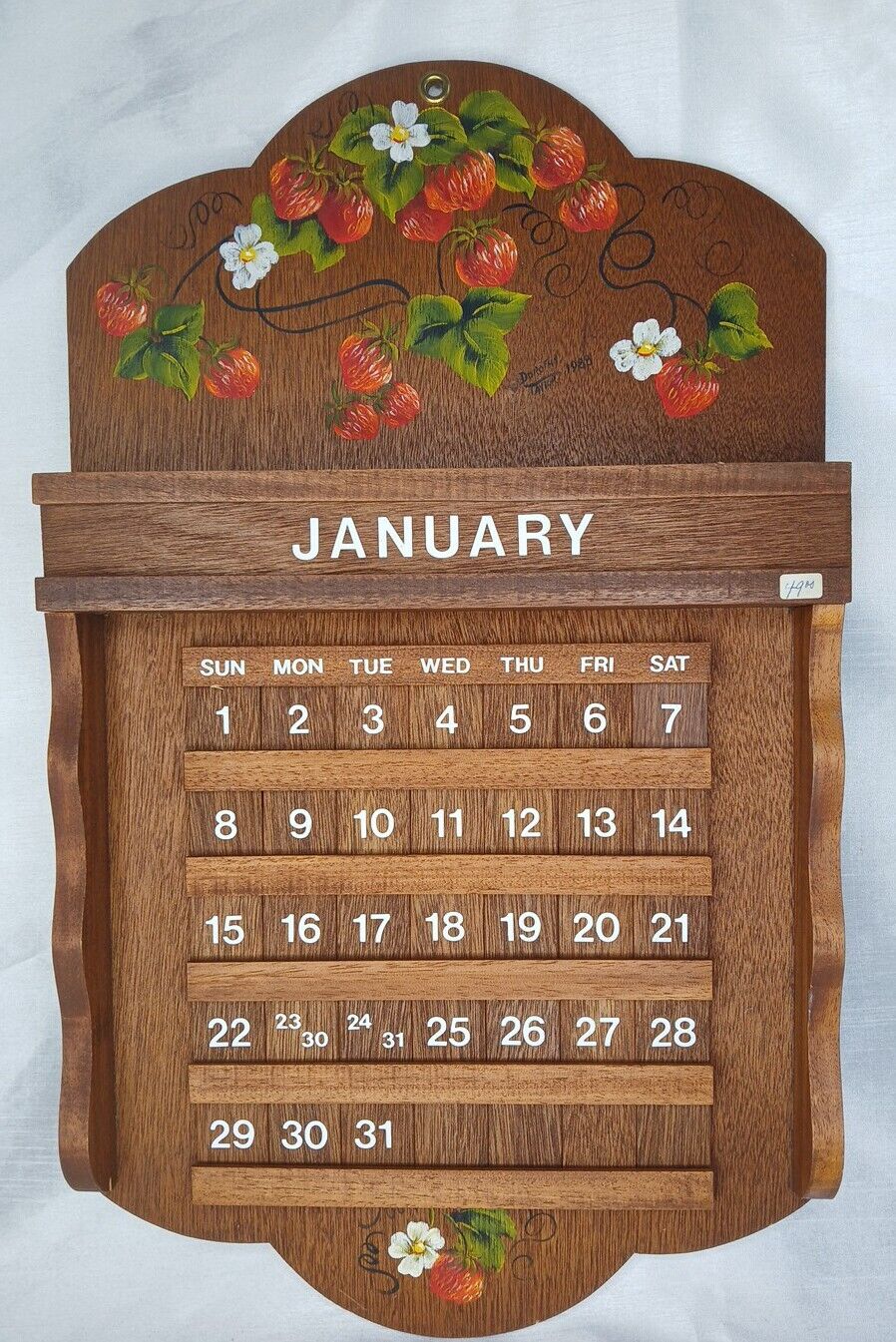Vintage Wood Handcrafted Strawberry Perpetual Calendar Never Used Signed 1988