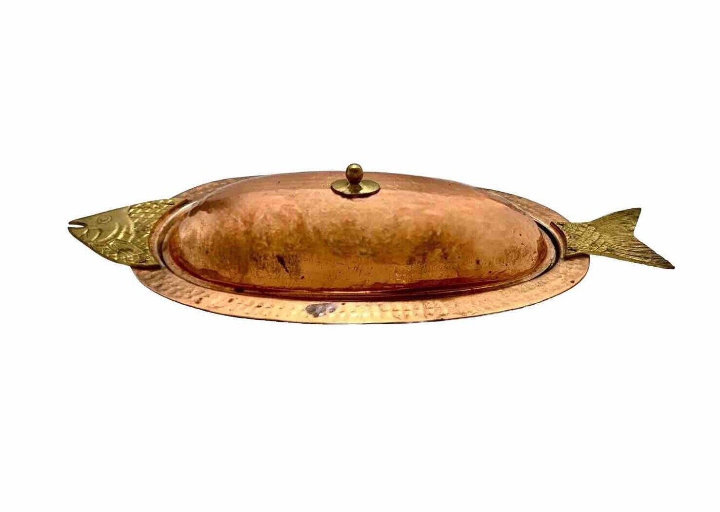 Fish Shape Copper Serving Platter w/ Lid and Brass Vintage Kitchen Dinning Decor
