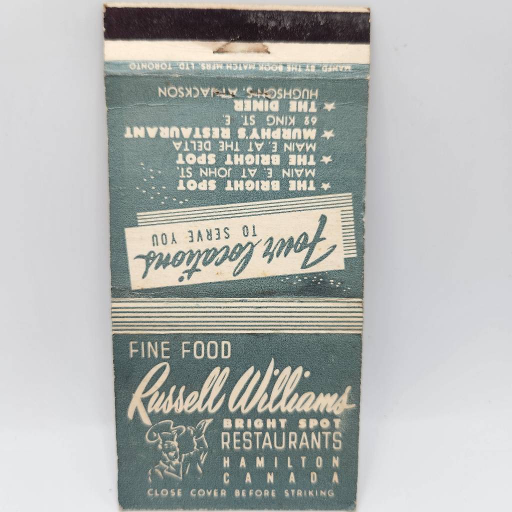 Vintage Matchcover Russell Williams Bright Spot Restaurants Hamilton Ontario Can