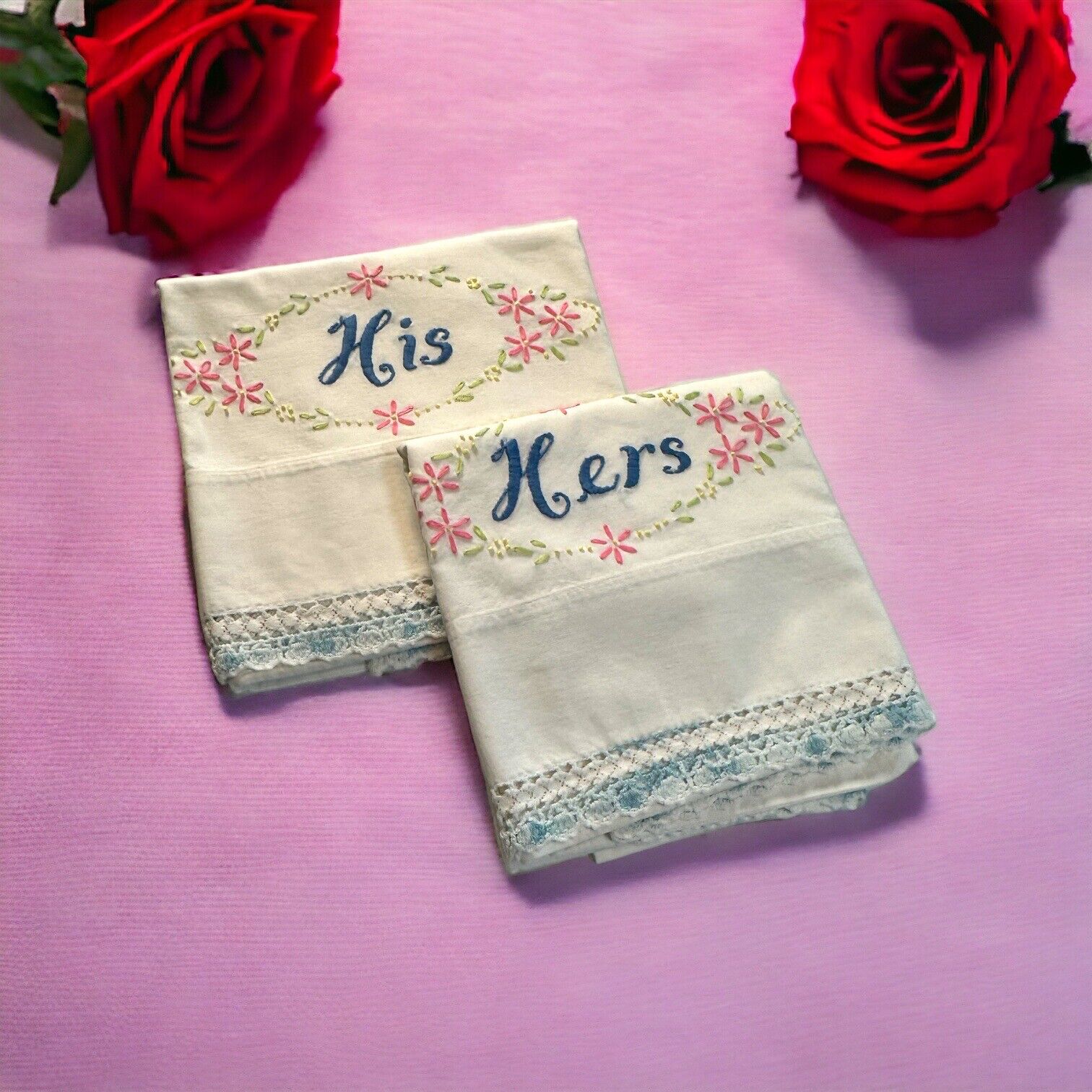 Vintage Crocheted Pillowcase Pair Standard His & Hers Shower Wedding Gift