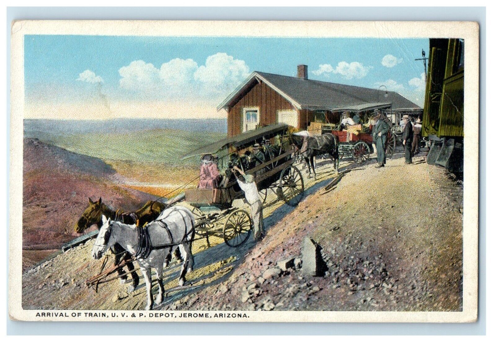 c1930's Arrival On Train U.V. & P. Depot Jerome Arizona AZ Vintage Postcard