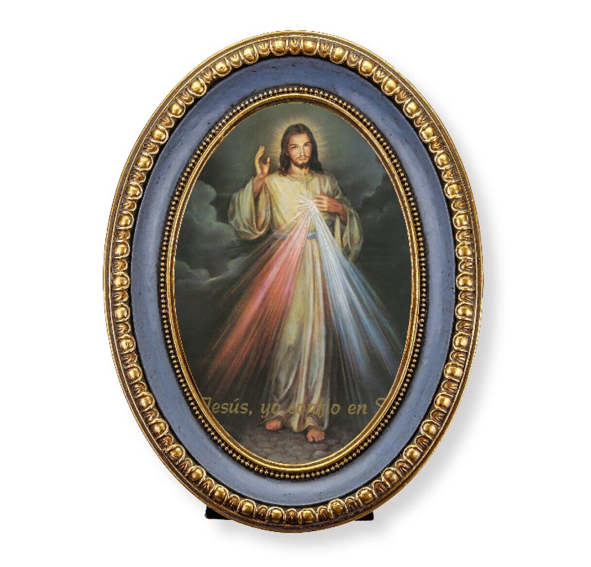 Divine Mercy Jesus Oval Gold-Leaf Frame, Easel Back, Comes Boxed 7.5\