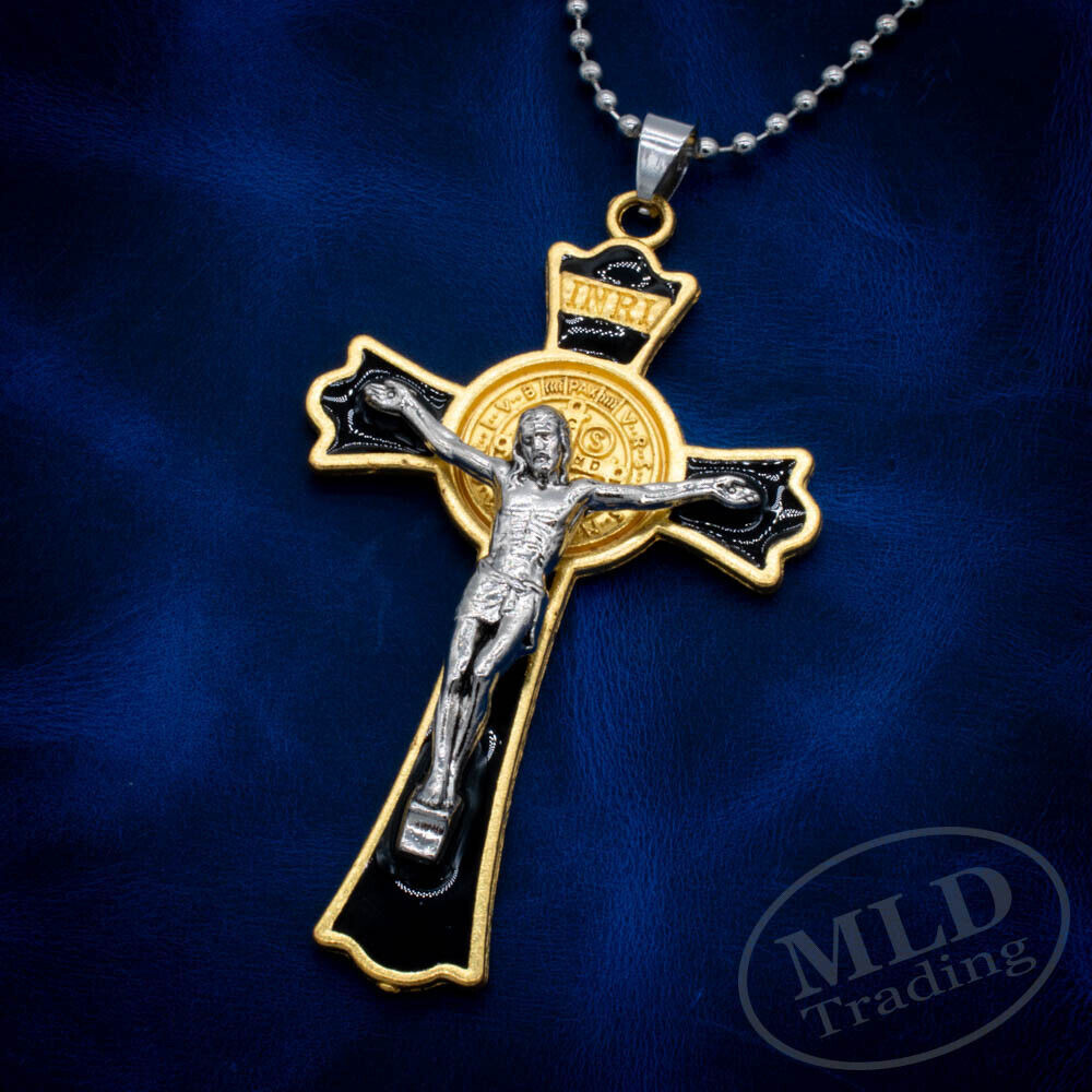 Gold Saint Benedict Cross Crucifix Necklace, 3\
