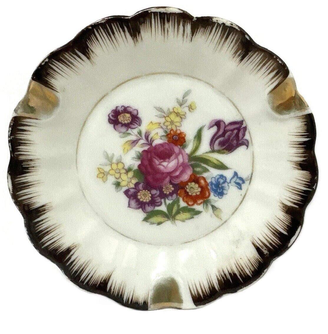 Antique Ashtray Made In Japan 1950’s Porcelain Handpainted Floral Bouquet