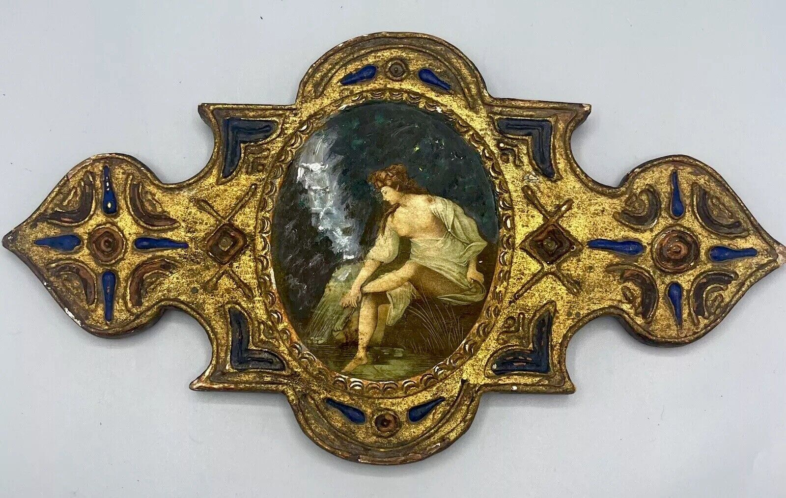 Vintage Italian Florentine Style Unique Wooden Plaque Painted Decoupage