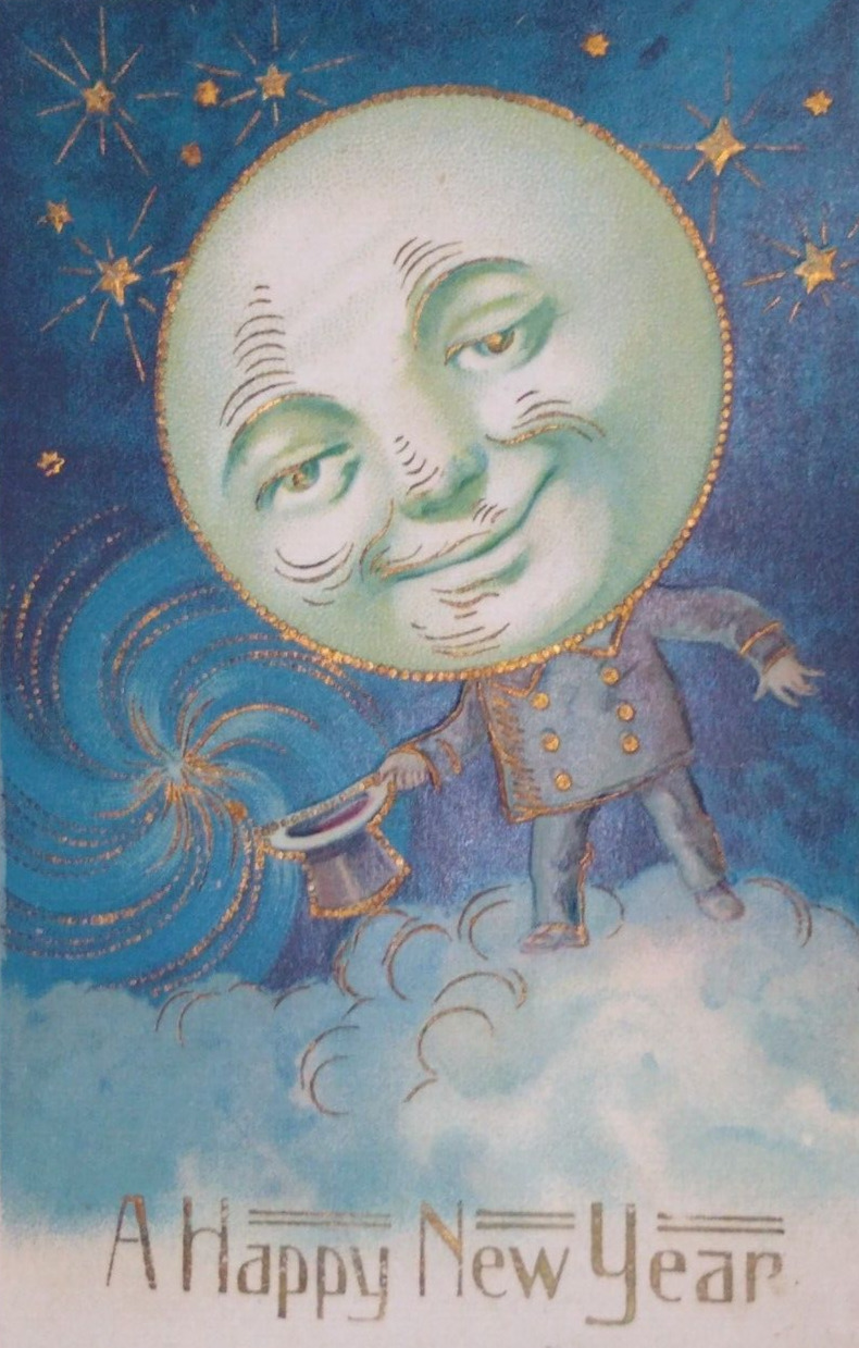1910s Anthropomorphic Man On The Moon Stars Antique Vintage New Year Postcard