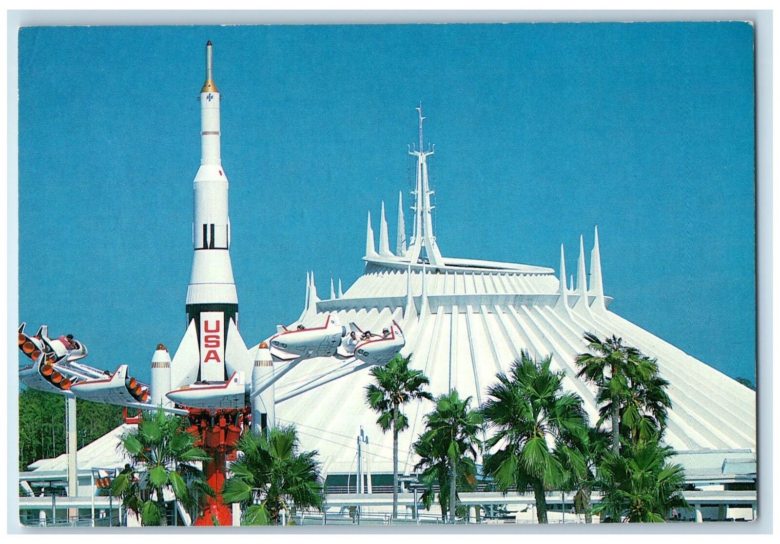 c1960s Tomorrowland Whirling Rocket Jets Flank Walt Disney Anaheim CA Postcard