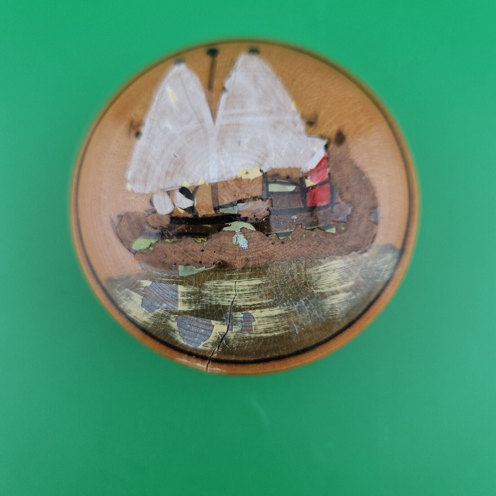 Vintage Round Wooden Trinket Box w/Ketch or Schooner Nautical Picture on Top