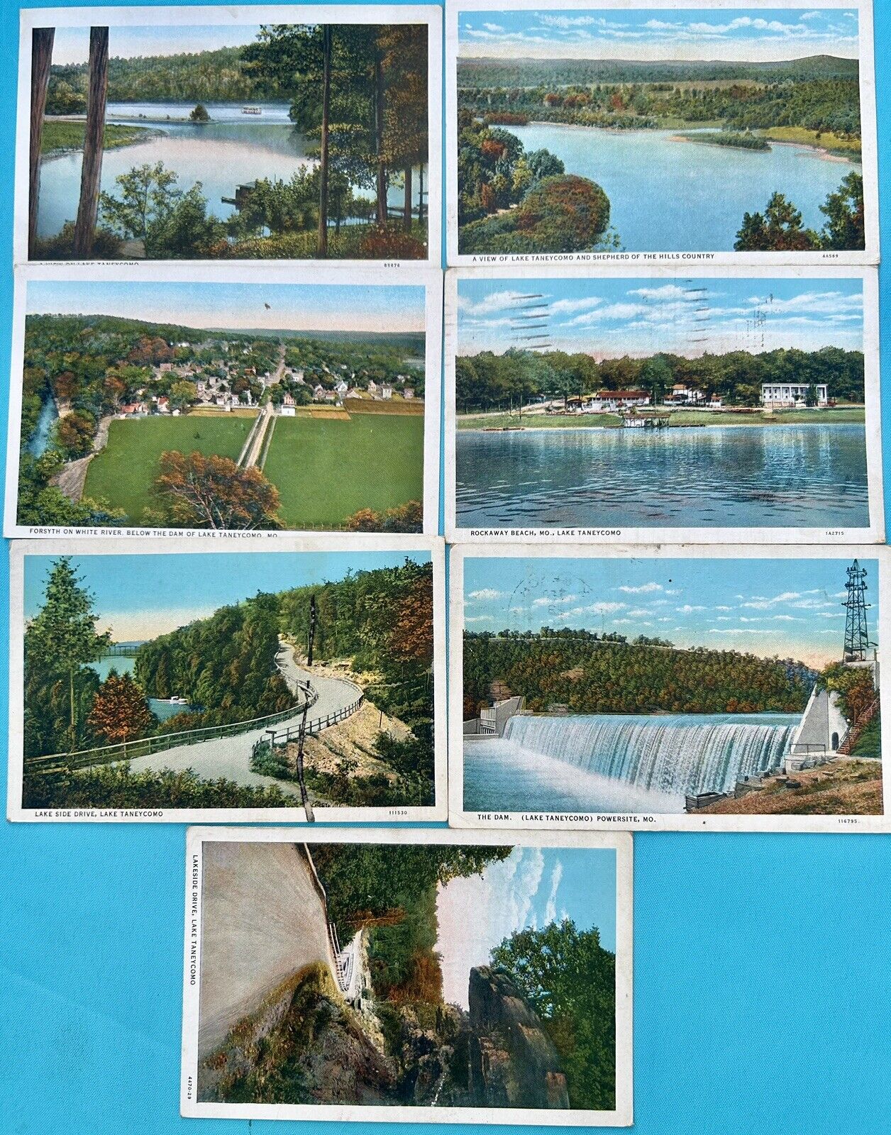 Lake Taneycomo Postcard Lot of 7. Missouri. White River. 1930s