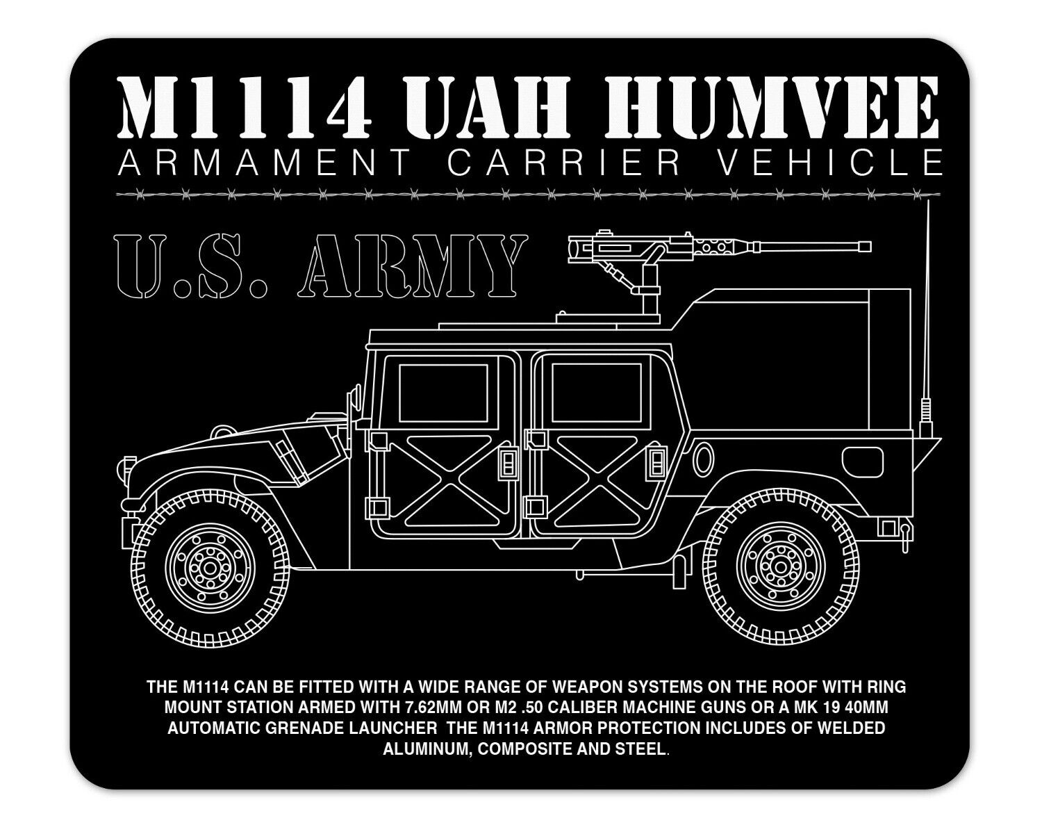 M1114 UAH Humvee Vehicle Schematic Blueprint Mouse Pad 1/4 Thick