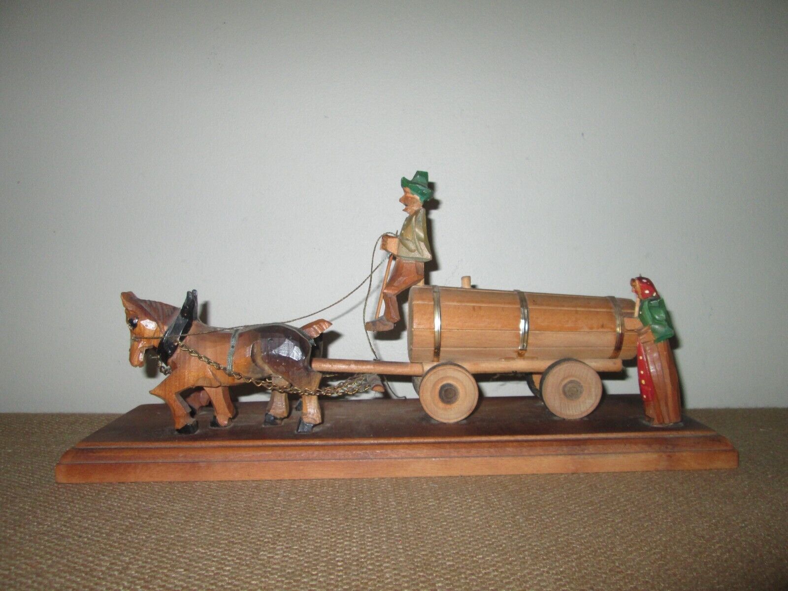 Vintage RHON SEPP Black Forest Carved Wood Horse Drawn Beer Keg Wagon *GERMANY