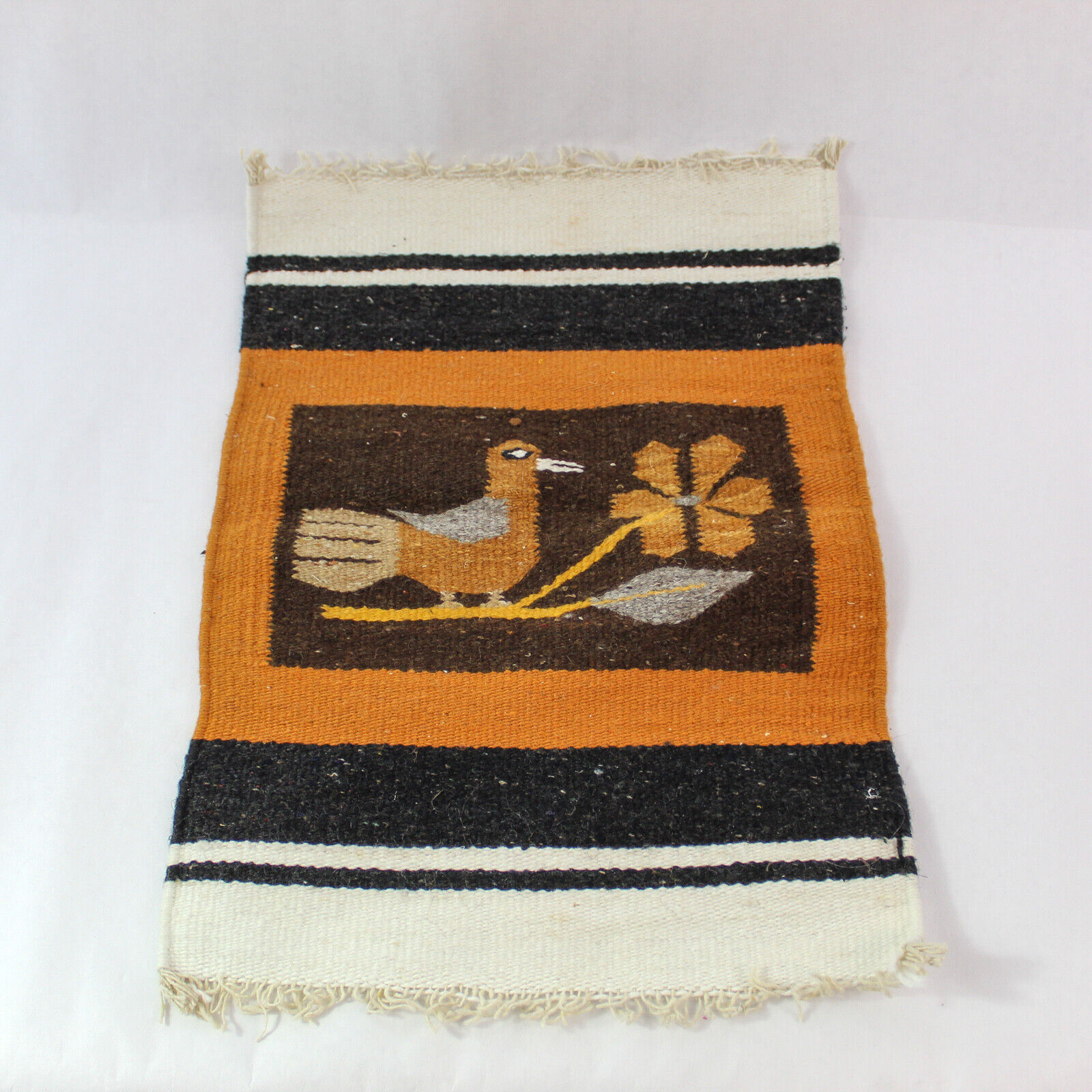Hand Woven Loomed Zapotec Small Accent Rug Bird Fringe Ends Latin Mexican Serape
