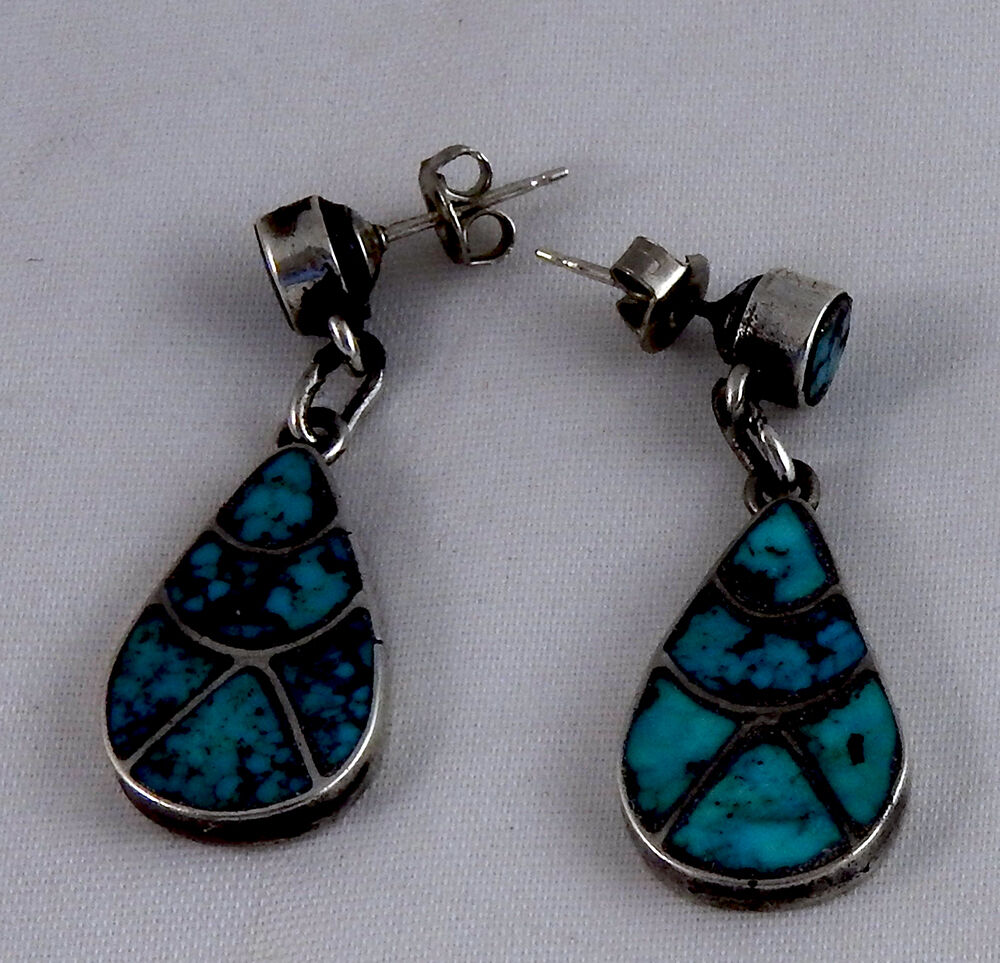 Important Zuni Earrings Channel Inlay Turquoise Converted Posts Dangling 1950s