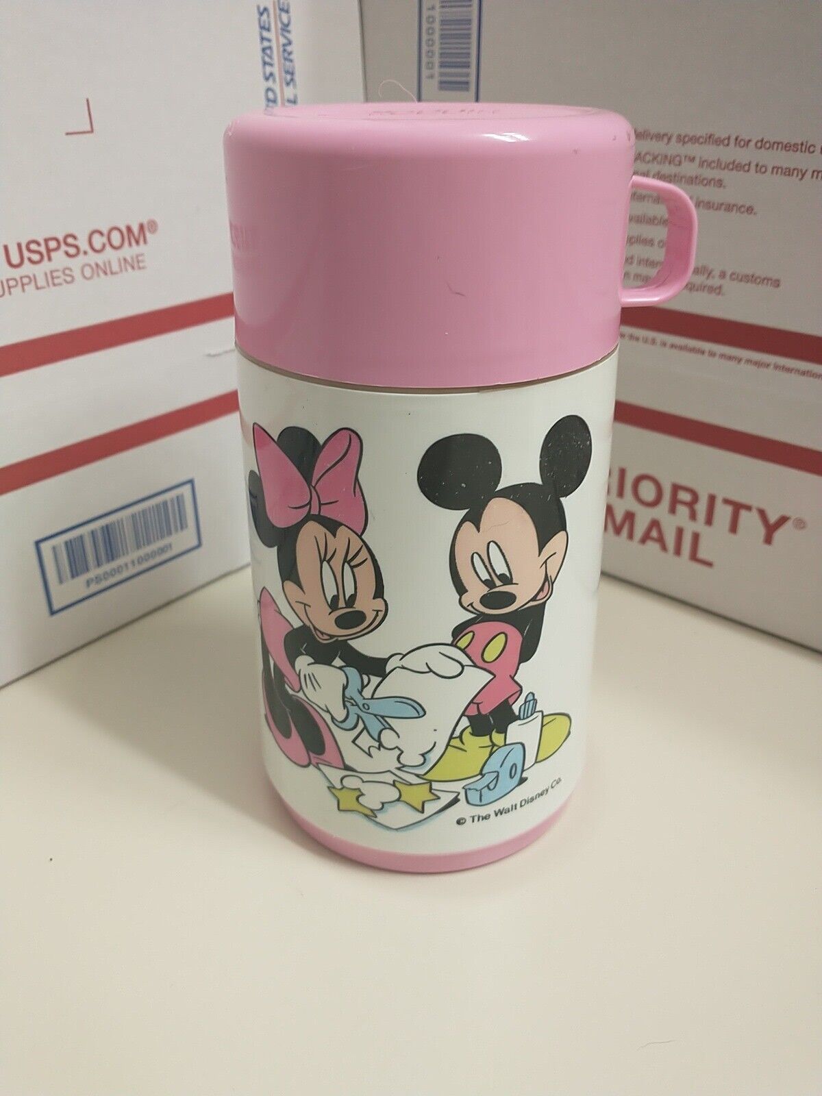 Disney Aladdin Mickey & Minnie Mouse Thermos Pink And White Vintage 1980\'s
