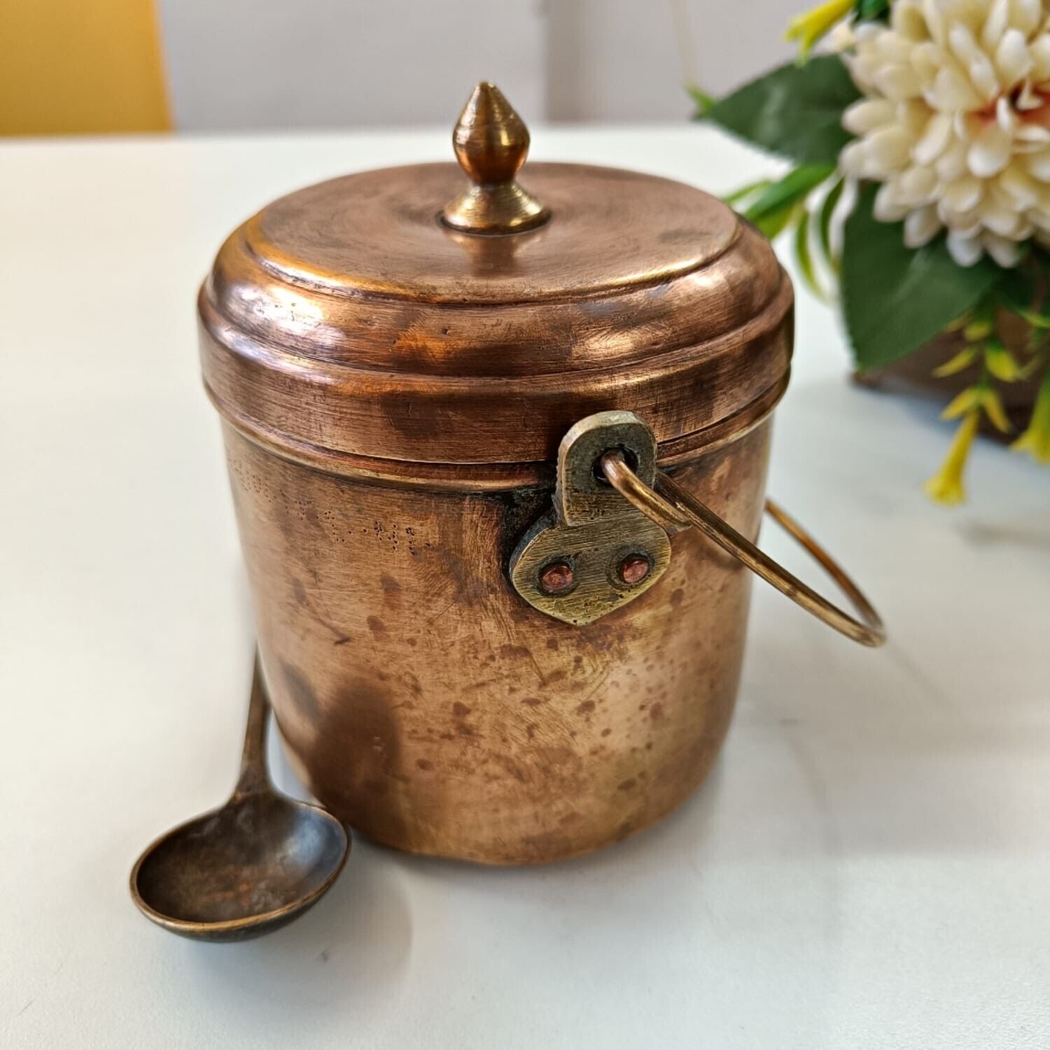 1950s Vintage Pure Brass Small Storage Container & Ladle