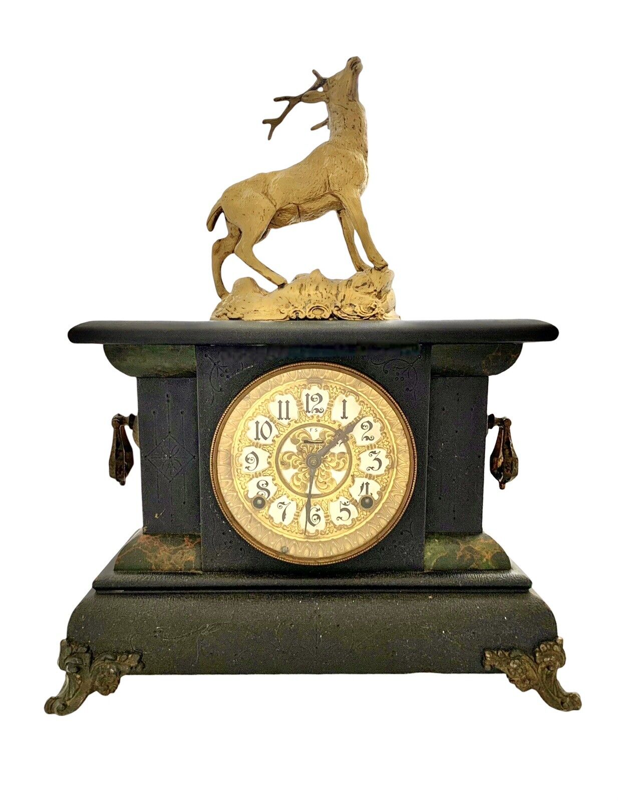Clock Mechanical Mantle with Deer Stag Figurine on Top Old Vintage Decor