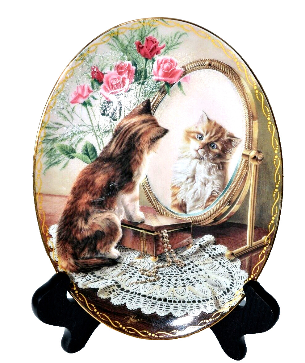 Cat Plate Kitty Ceramic Oval shape Fairest of them All Roses  8.5\'