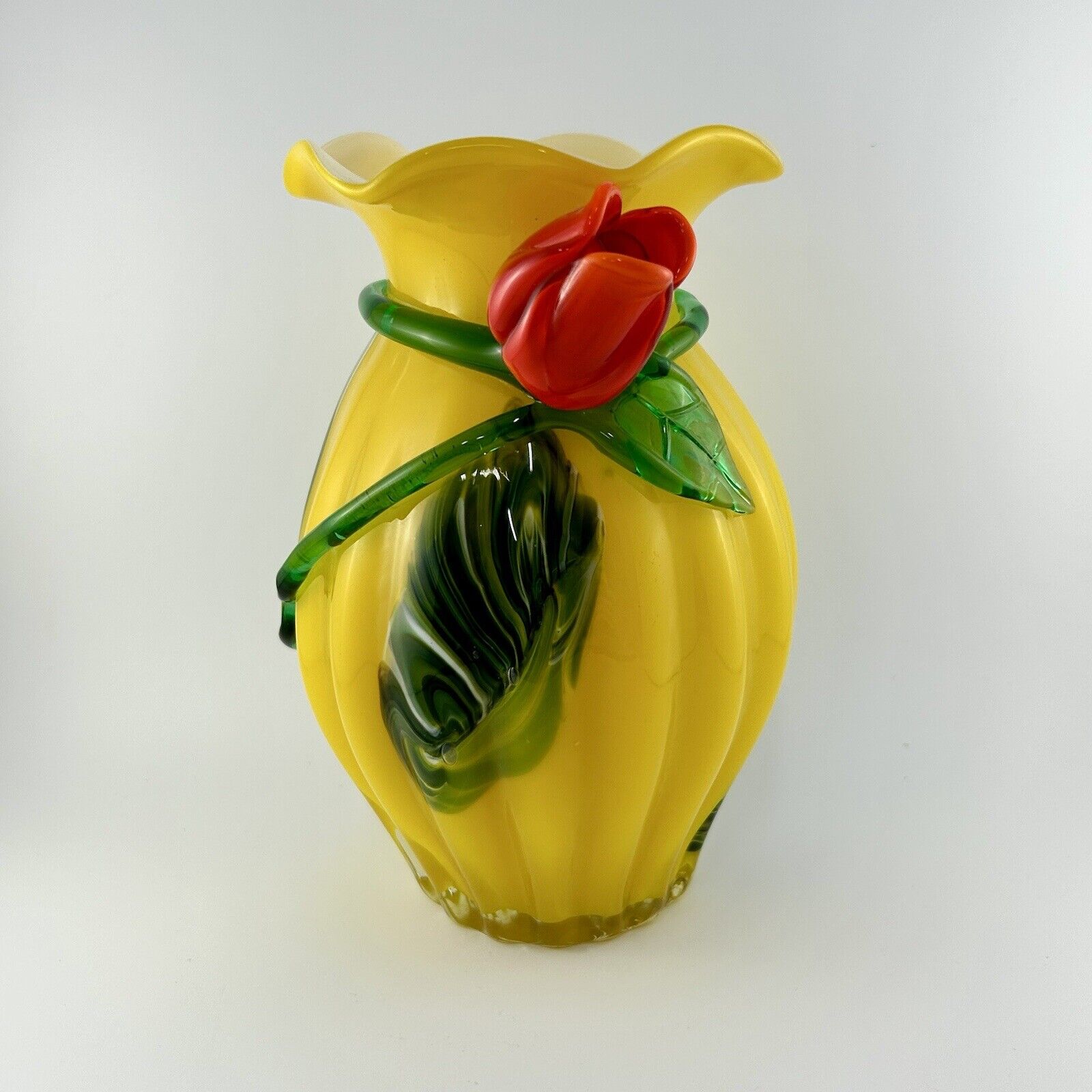 Yellow Cased Glass Vase Hand Blown Applied Rose Vine Swirl 8 In. Bouquet READ