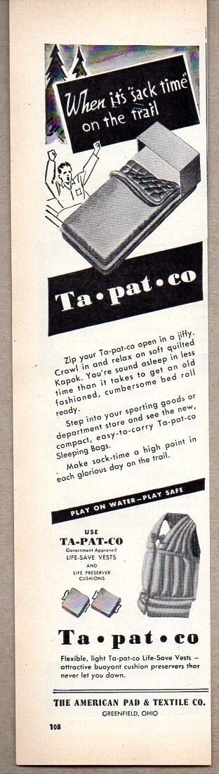 1946 Print Ad Ta-Pat-Co Sleeping Bags & Life Vests Greenfield,OH