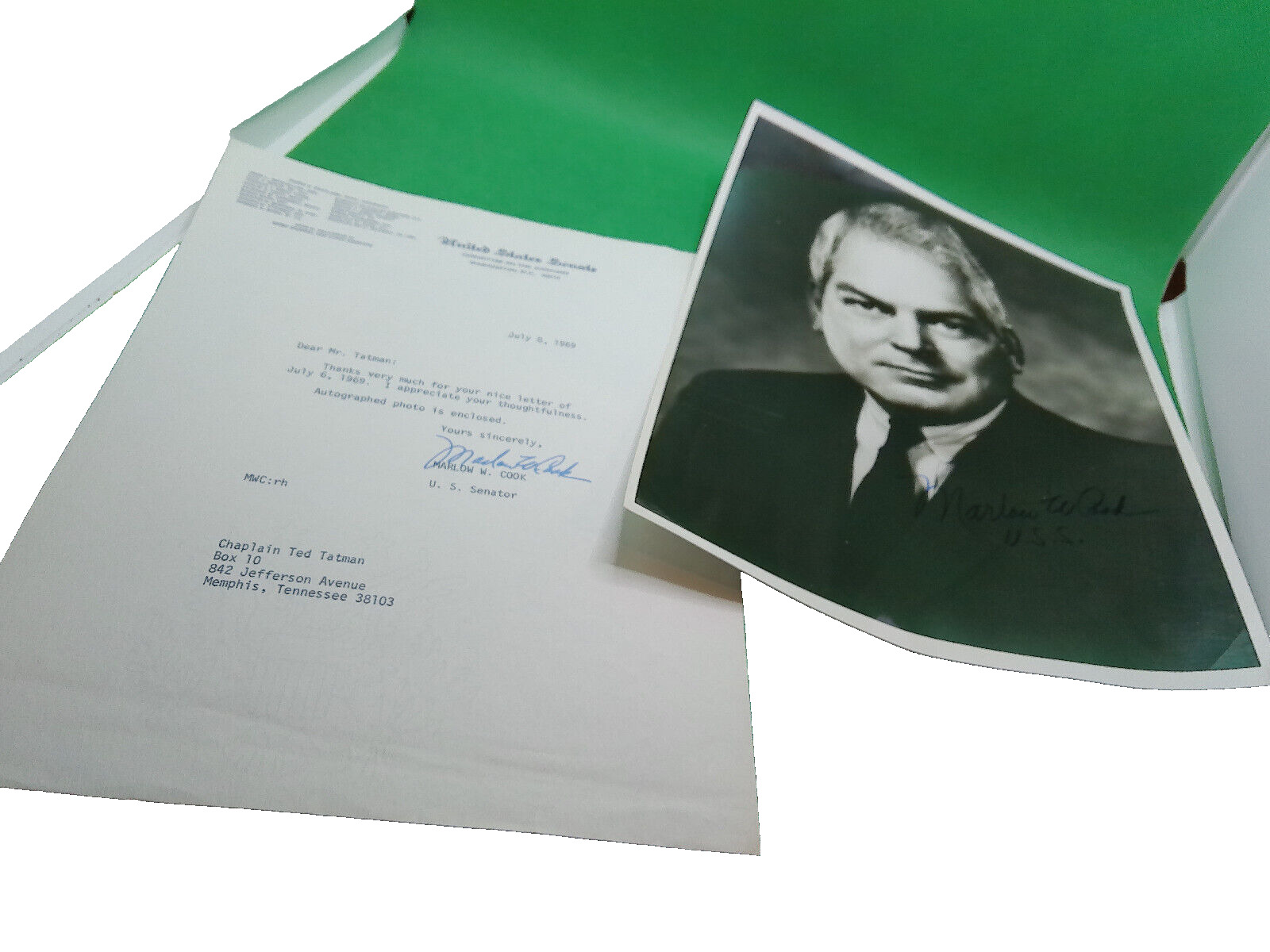 Senator Marlow Cook letter vintage 1969 handsigned Kentucky photo US