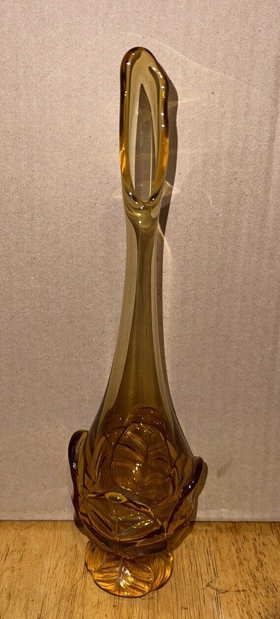 Vintage MCM Tall Pedestal Viking Swung Glass Vase Amber