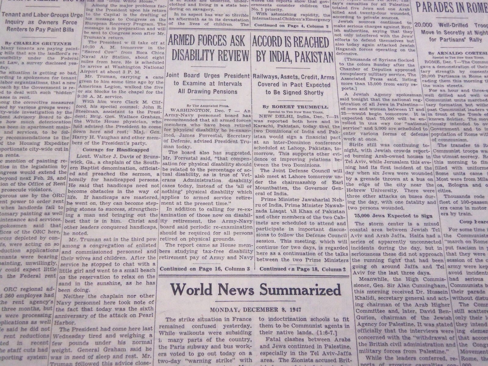 1947 DECEMBER 8 NEW YORK TIMES - INDIA-PAKISTAN ACCORD REACHED - NT 3484