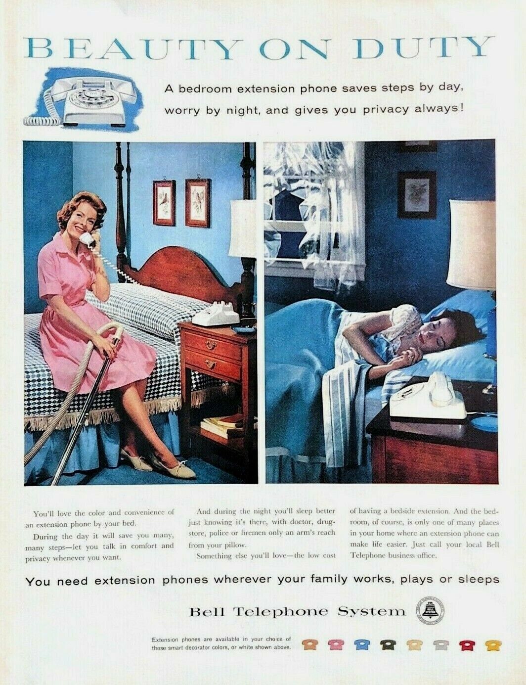 1959 Bell Telephone Vintage Print Ad Beauty On Duty Bedroom Extension 