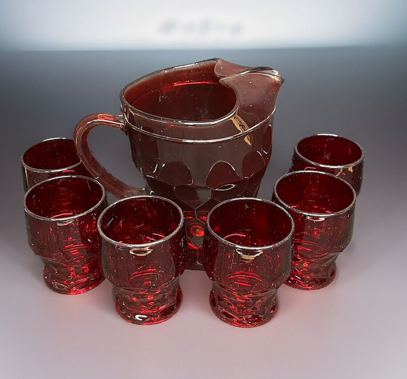 Vintage Viking Ruby Red Glass Pitcher (6) Juice Glass Set Honeycomb SEE PICTURES