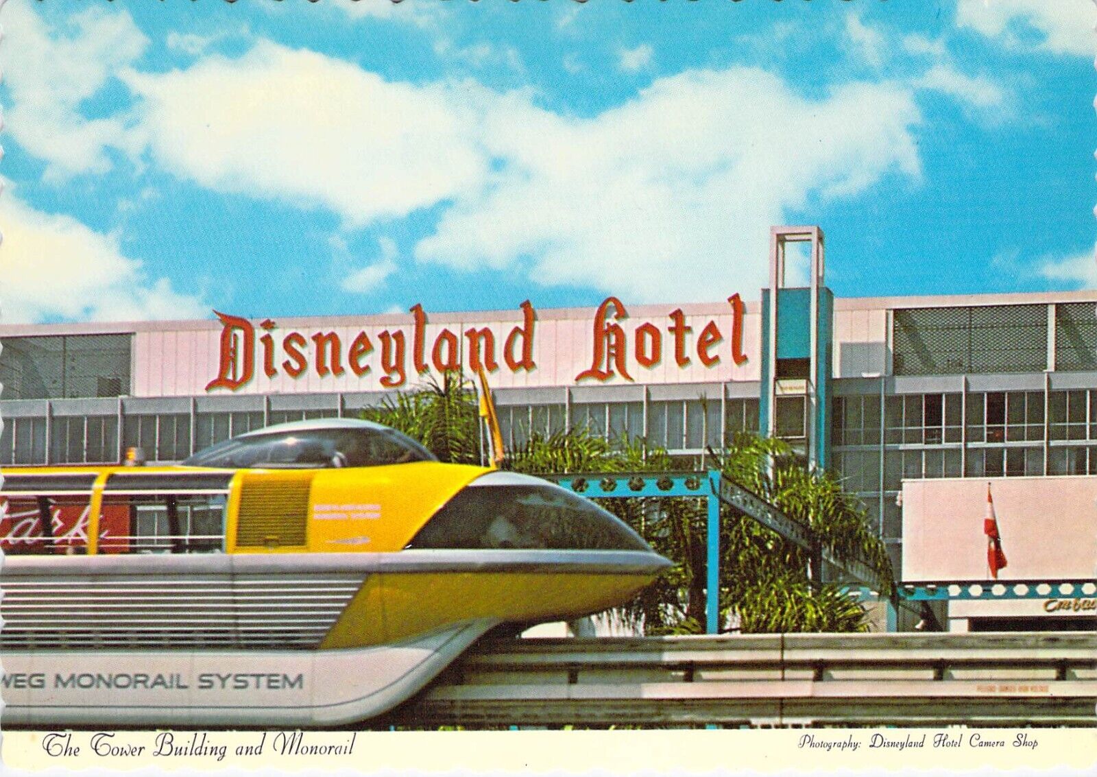 1970 CA Disneyland Hotel Yellow Monorail by Hotel Camera Shop 4x6 postcard CT29