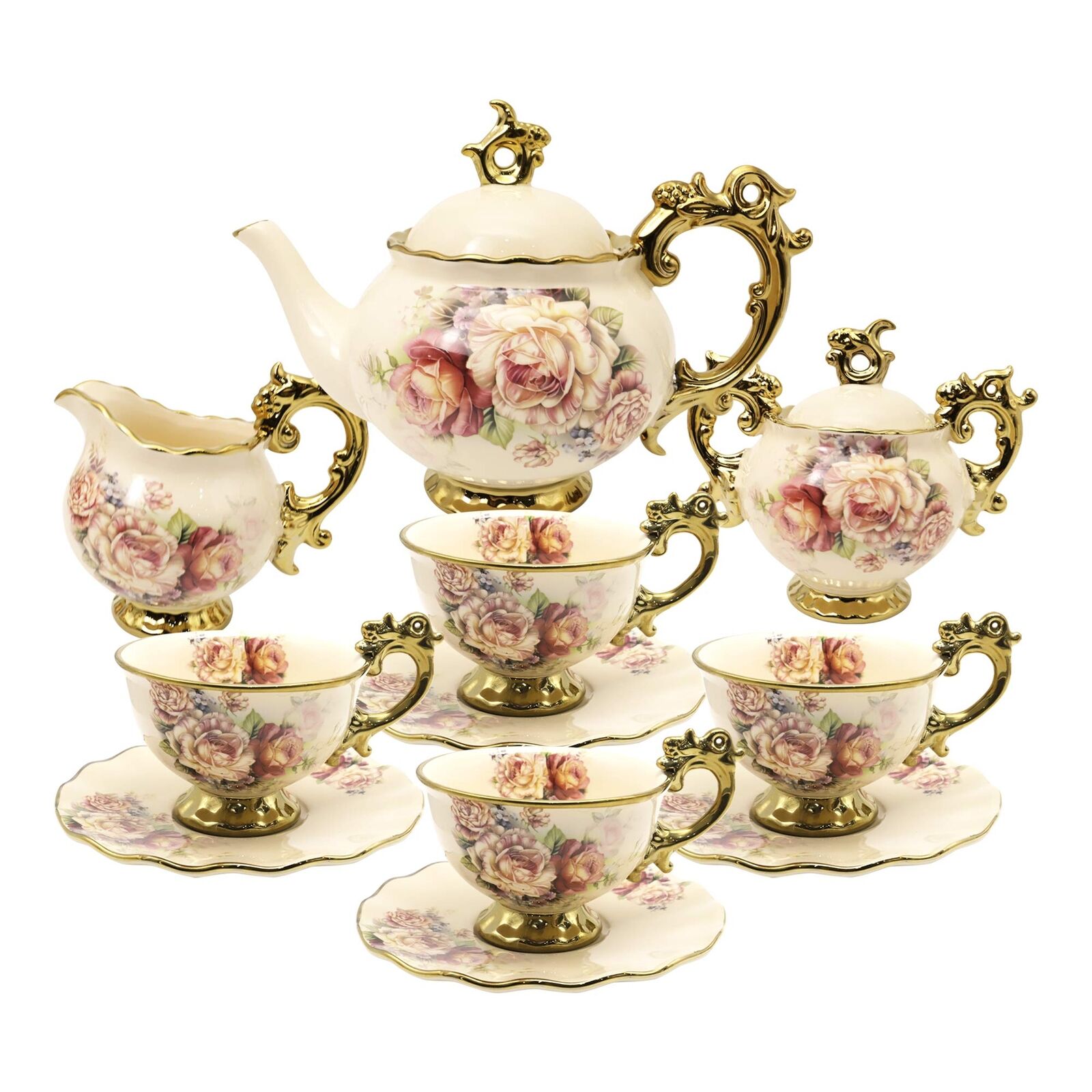 fanquare 15 Pieces British Porcelain Tea Set Floral Vintage China Coffee Set ...