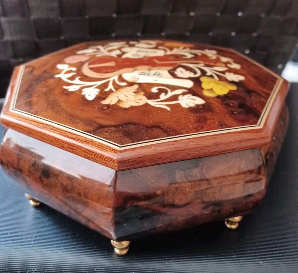 Rare Vtg Wooden Music Box Jewelry Case, With Inlaid Art, Made In Italy 