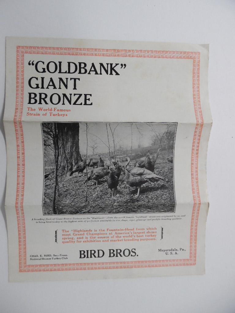 1934 Goldbank Giant Bronze Turkey Brochure Bird Bros Meyersdale Poultry Vintage