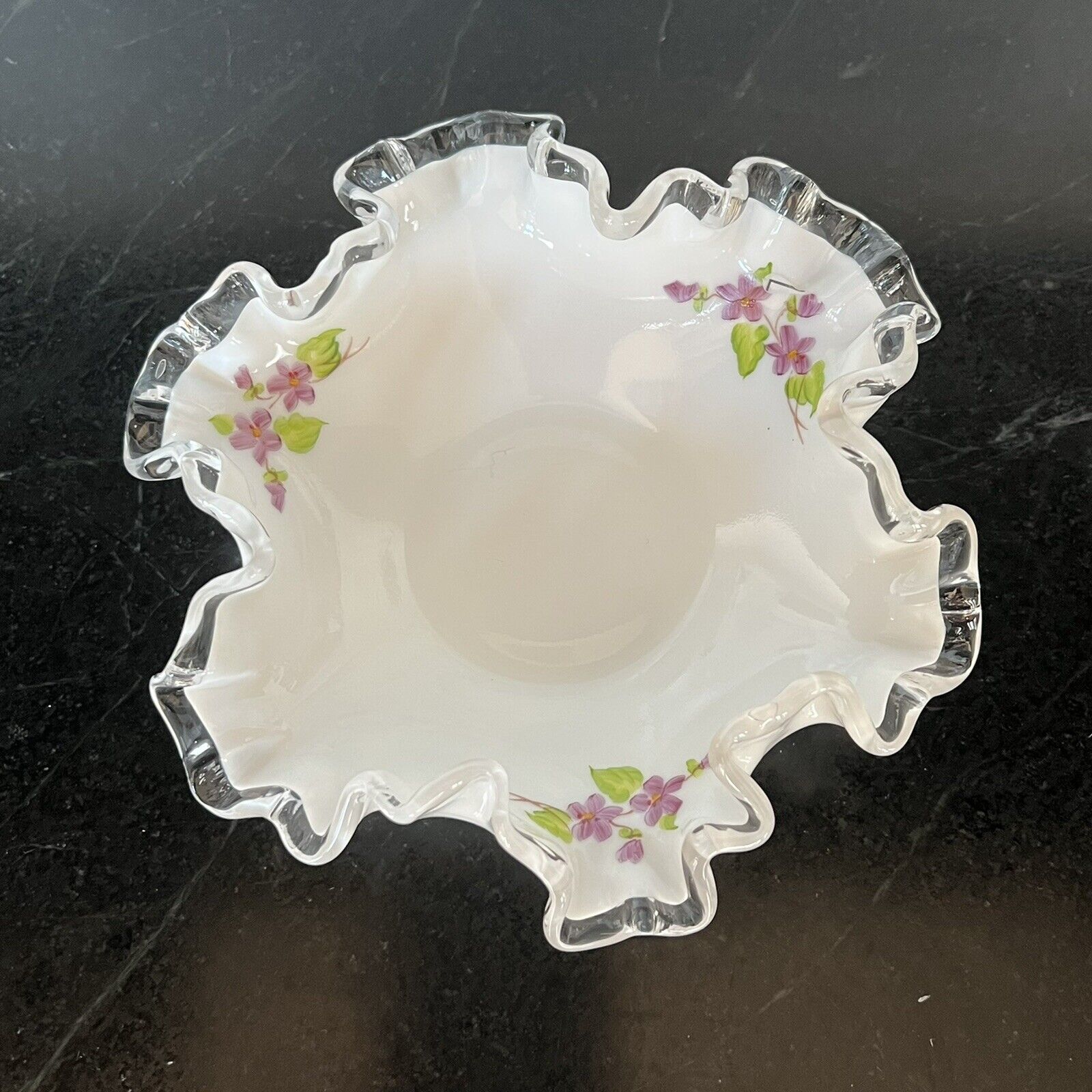 Vintage Fenton Silver Crest Violets In The Snow Milk Glass Bowl Artist Signed 6\