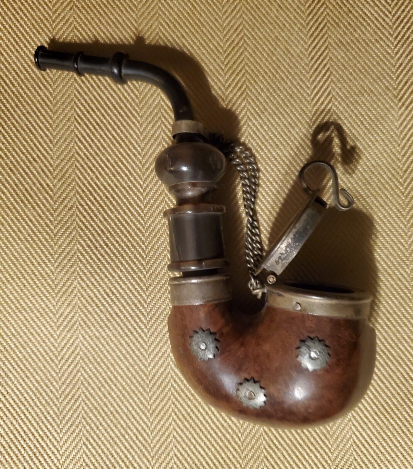 Very Vintage RARE Bruyere German Hunter Lidded Tobacco Pipe DRGM Horn