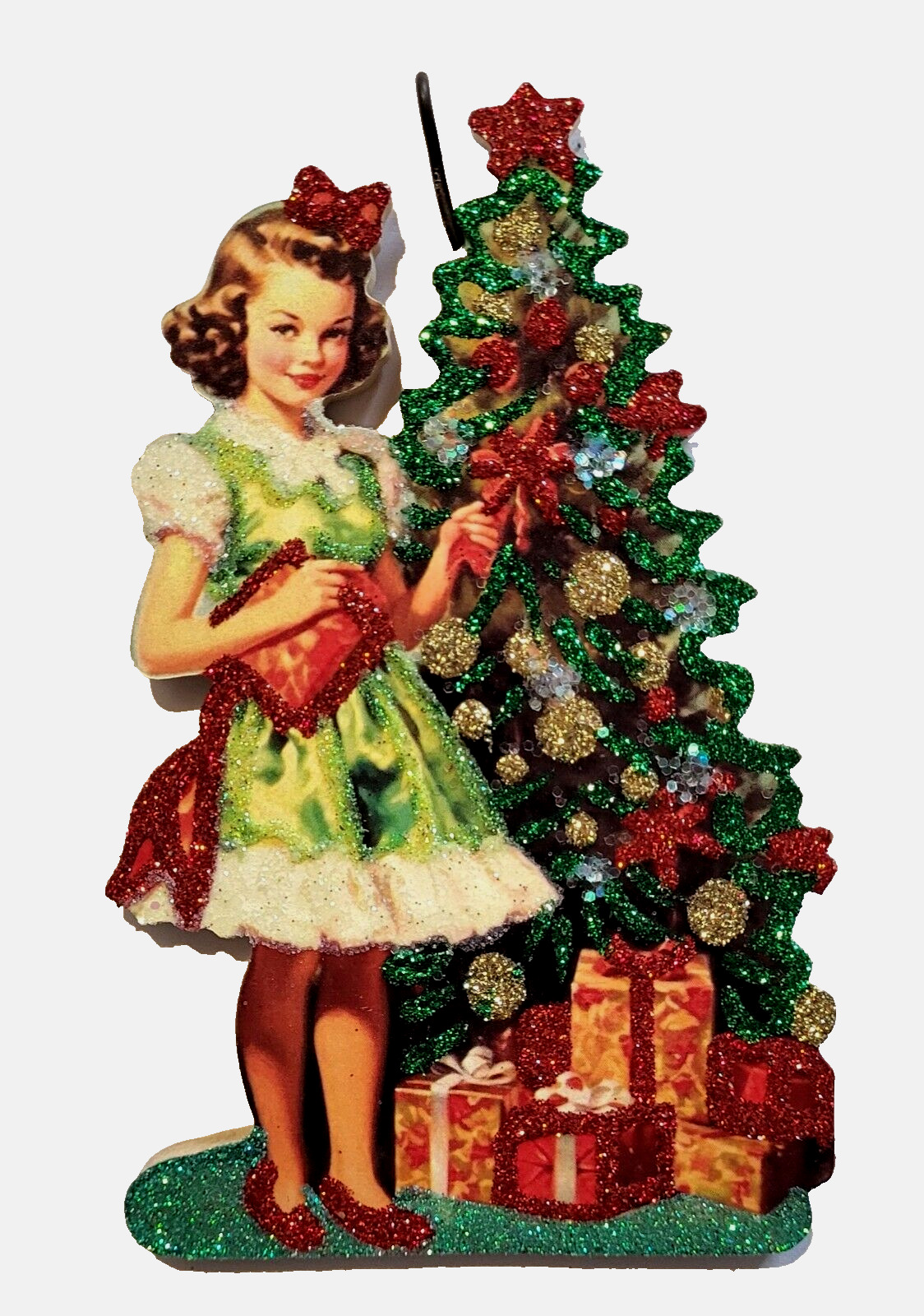PRETTY GIRL, Decorating TREE w GIFTS  * Glitter WOOD CHRISTMAS ORNAMENT  Vtg Img