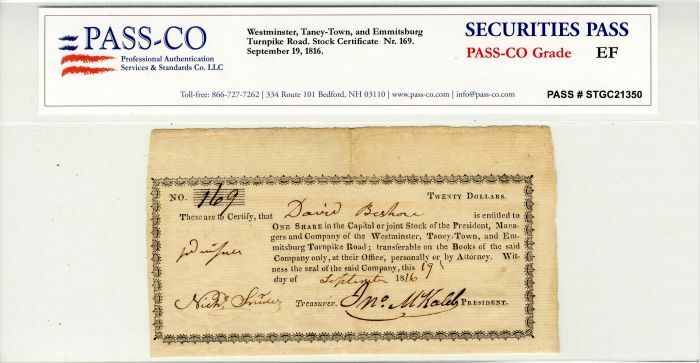 Westminster, Taney-Town, and Emmitsburg Turnpike Road - Stock Certificate - Earl