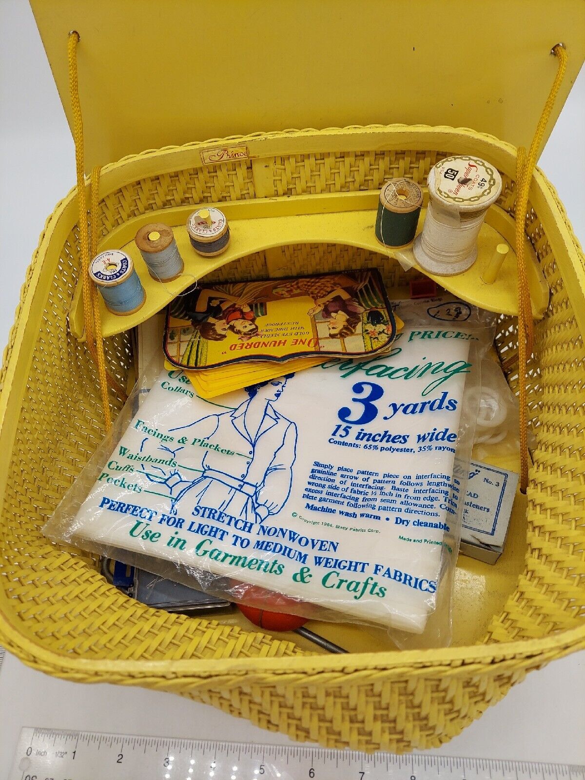Yellow  Princess Square Sewing Box Vintage Wicker Basket W/Contents Notions